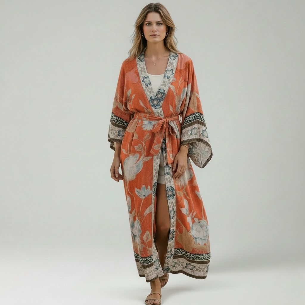 Kimono plage femme, coupe décontractée et imprimé floral. - 4