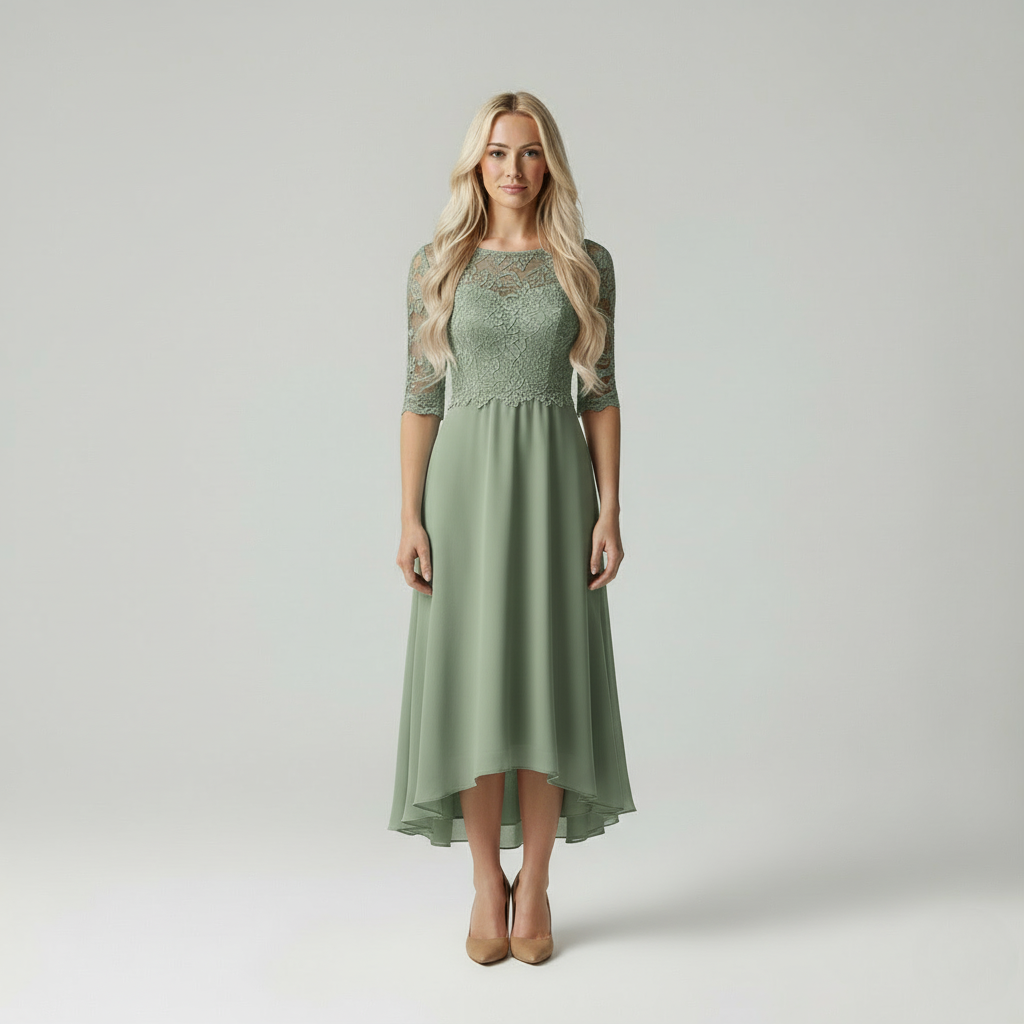 Robe de soirée longue, coupe flatteuse, chic et élégante avec détails en dentelle. - 7