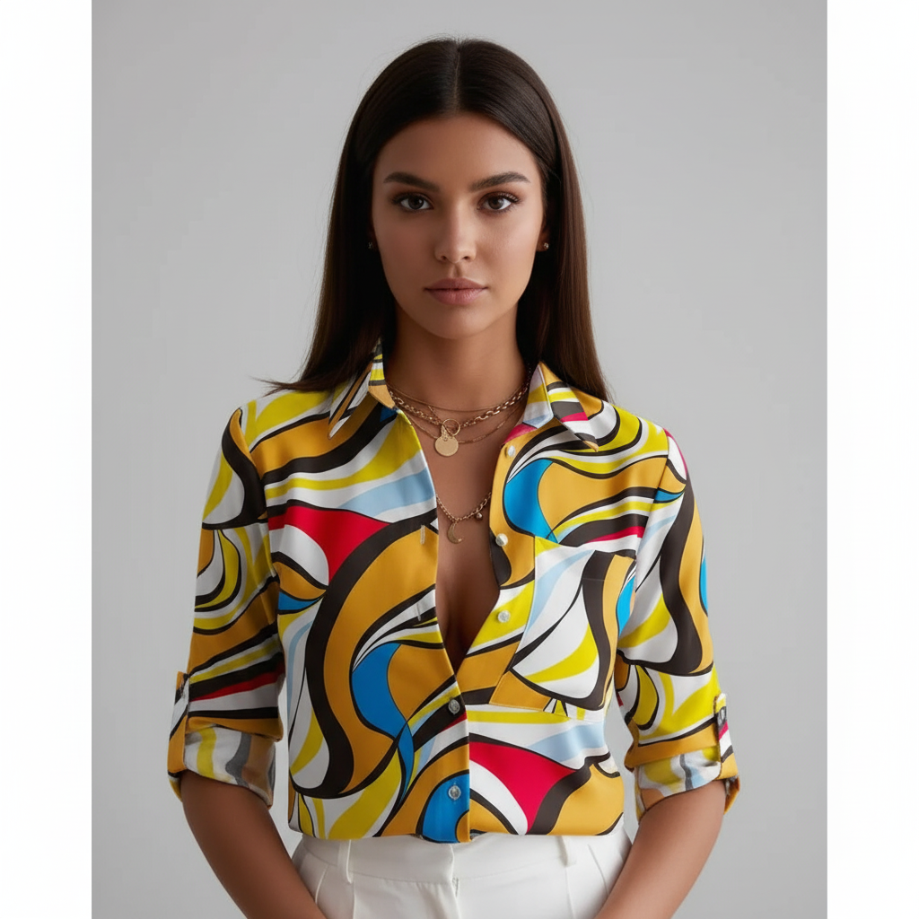 Blouse femme élégante à imprimé géométrique, silhouette cintrée. - 5