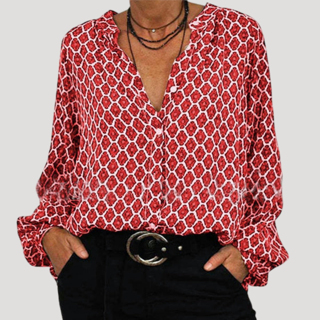 Chemisier femme chic, fluide avec col en V et motif géométrique, idéal pour des occasions décontractées. - 3
