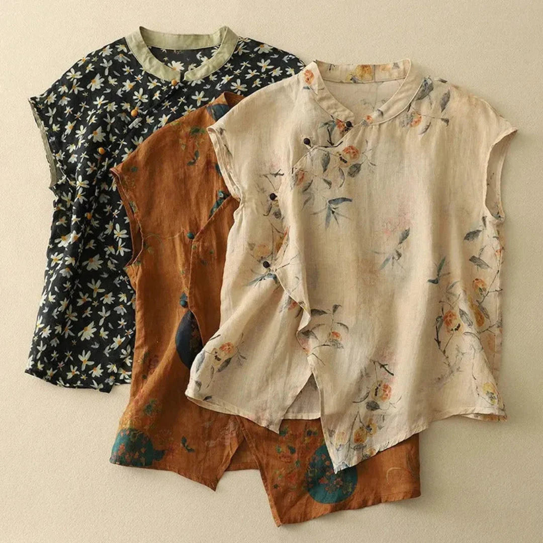 Chemisier femme chic, col chinois, sans manches, silhouette fluide. - 4