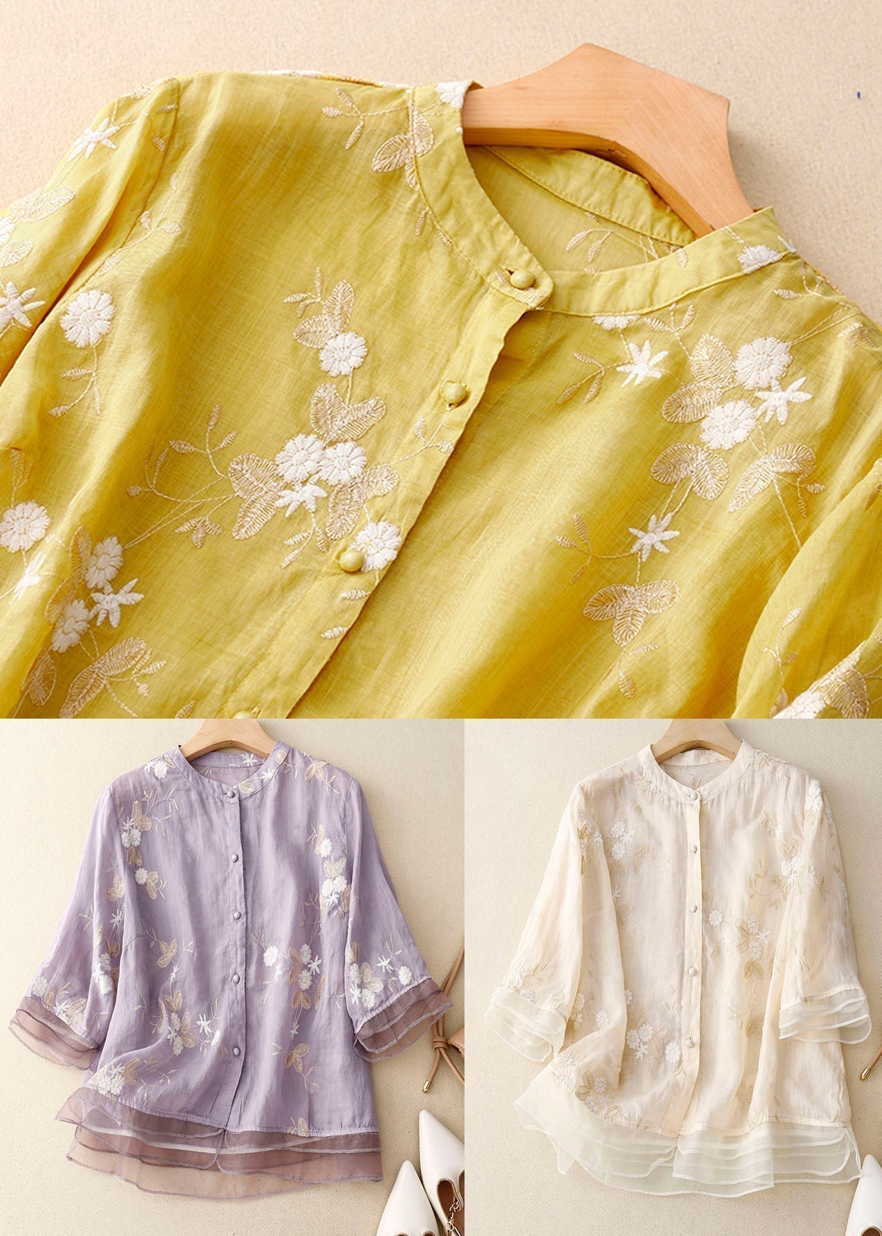 Chemisier femme chic, broderie florale délicate, coupe fluide. 8