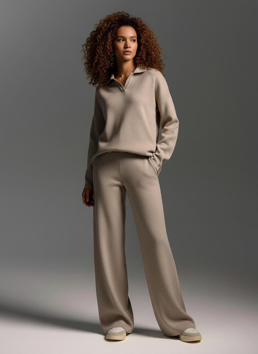 Ensemble femme, polo élégant avec jambes larges et coupe évasée. - 1