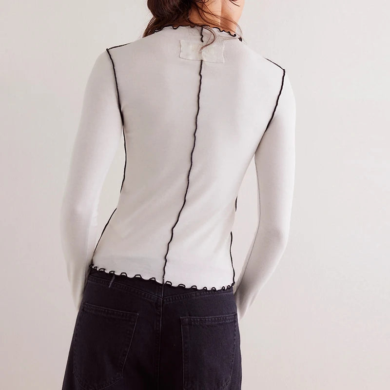 Haut à manches longues femme, design côtelé élégant, coupe ajustée. - 2