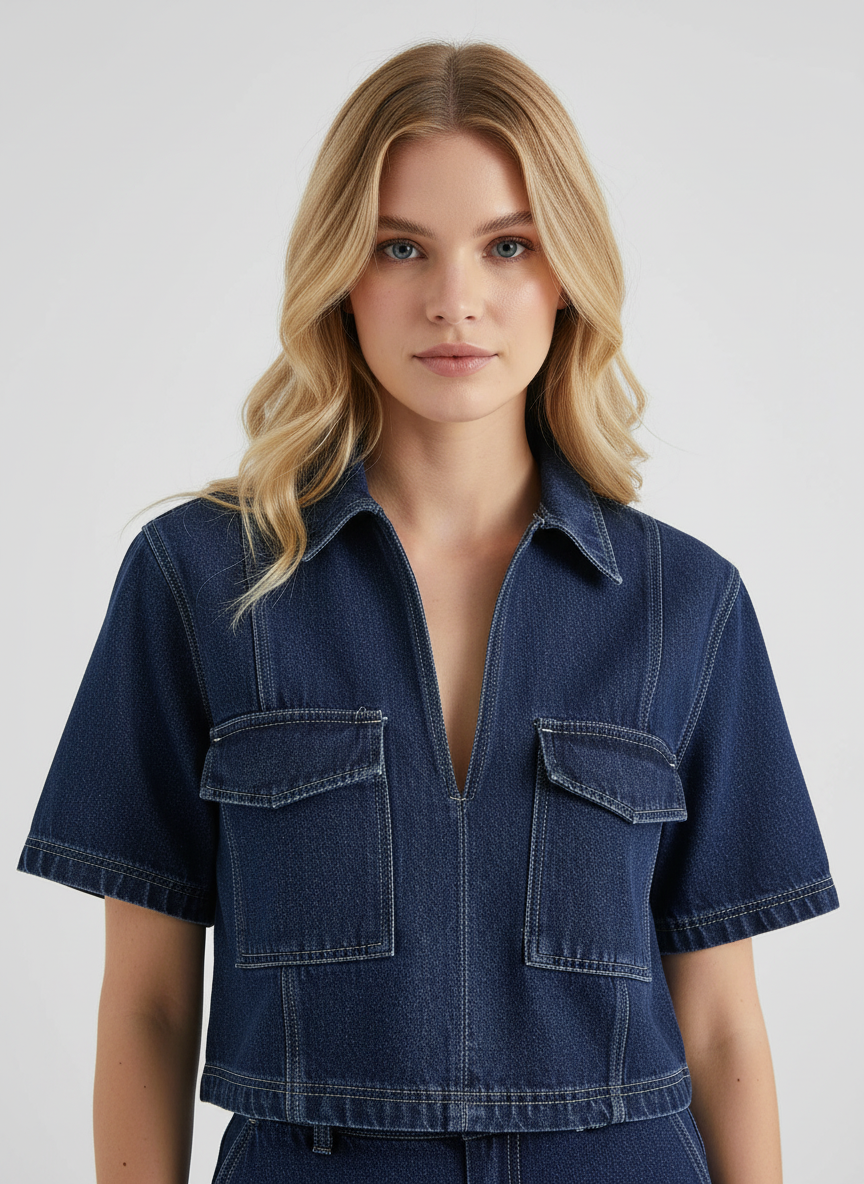 Haut en jean femme, silhouette décontractée et moderne. - 1