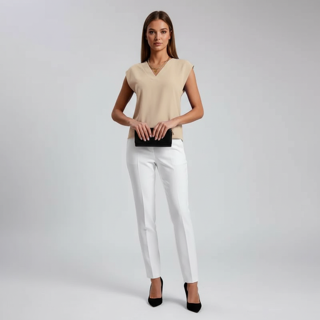 Haut femme à col en V élégant, silhouette ajustée et style chic. - 2