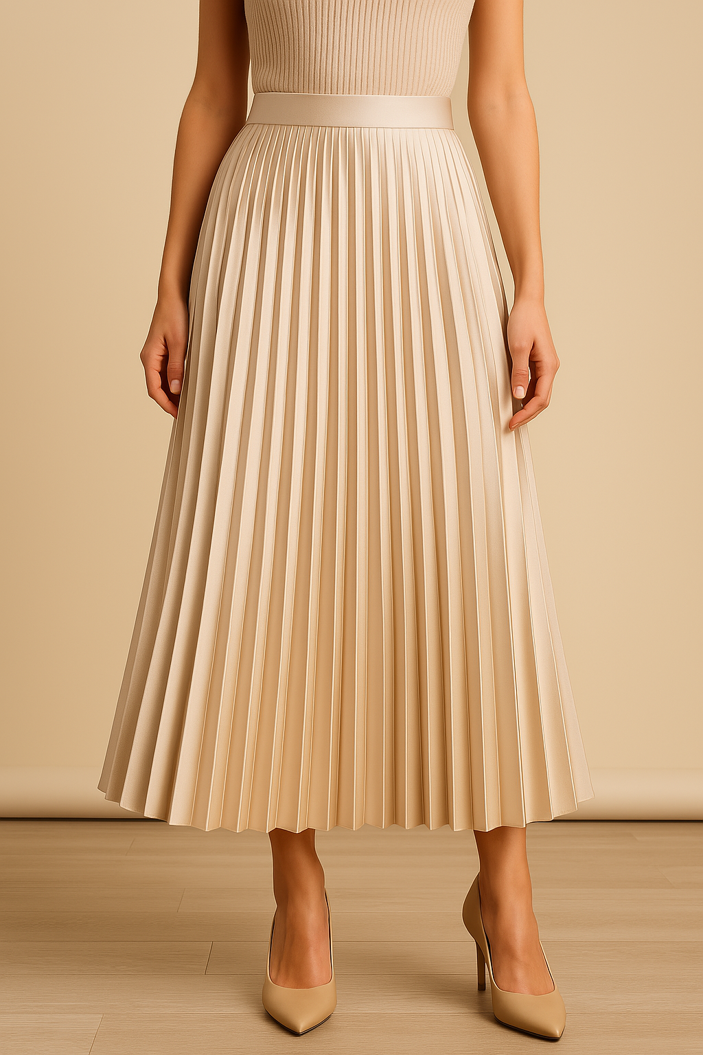 Jupe mi-longue plissée à taille haute, élégante et sophistiquée. - 5