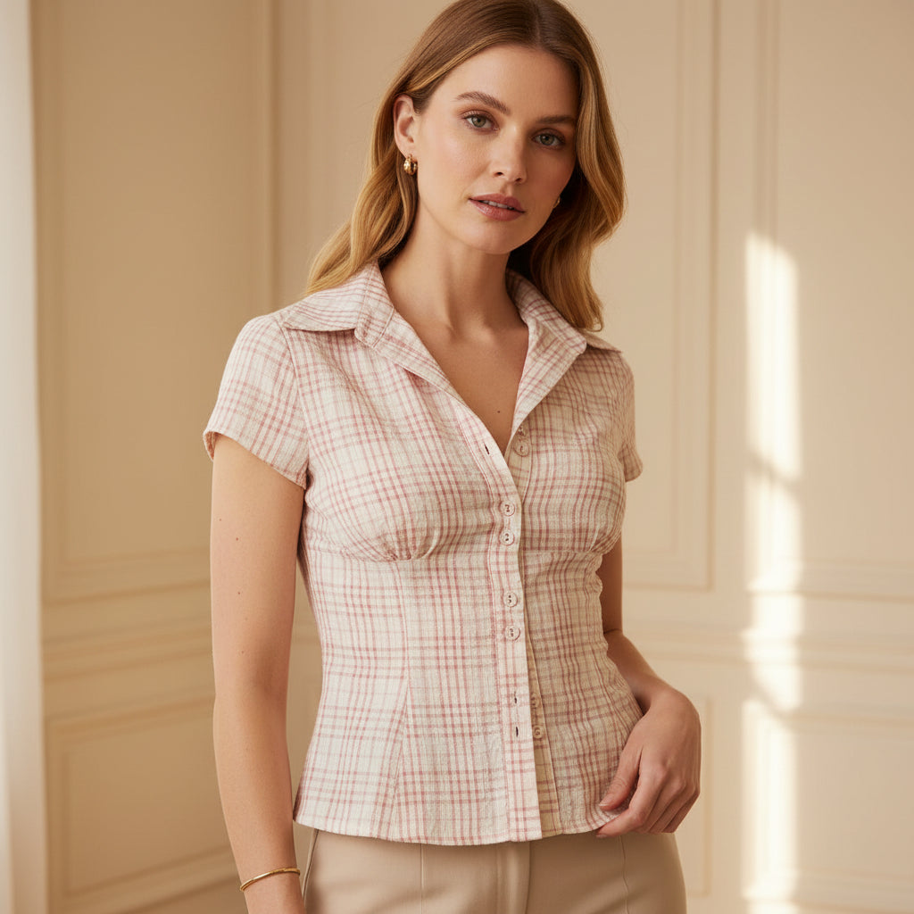 Blouse ajustée à imprimé à carreaux, manches courtes. - 4