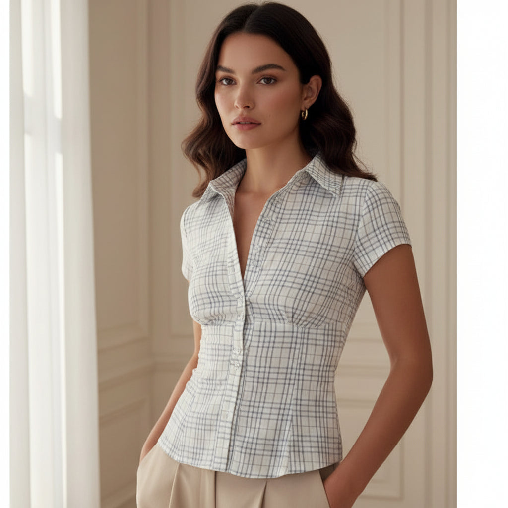 Blouse femme ajustée à carreaux, manches courtes, style décontracté. - 1