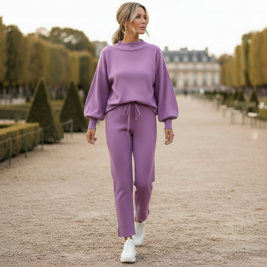 Ensemble coordonné femme avec haut à manches ballons et pantalon taille ajustable. - 6