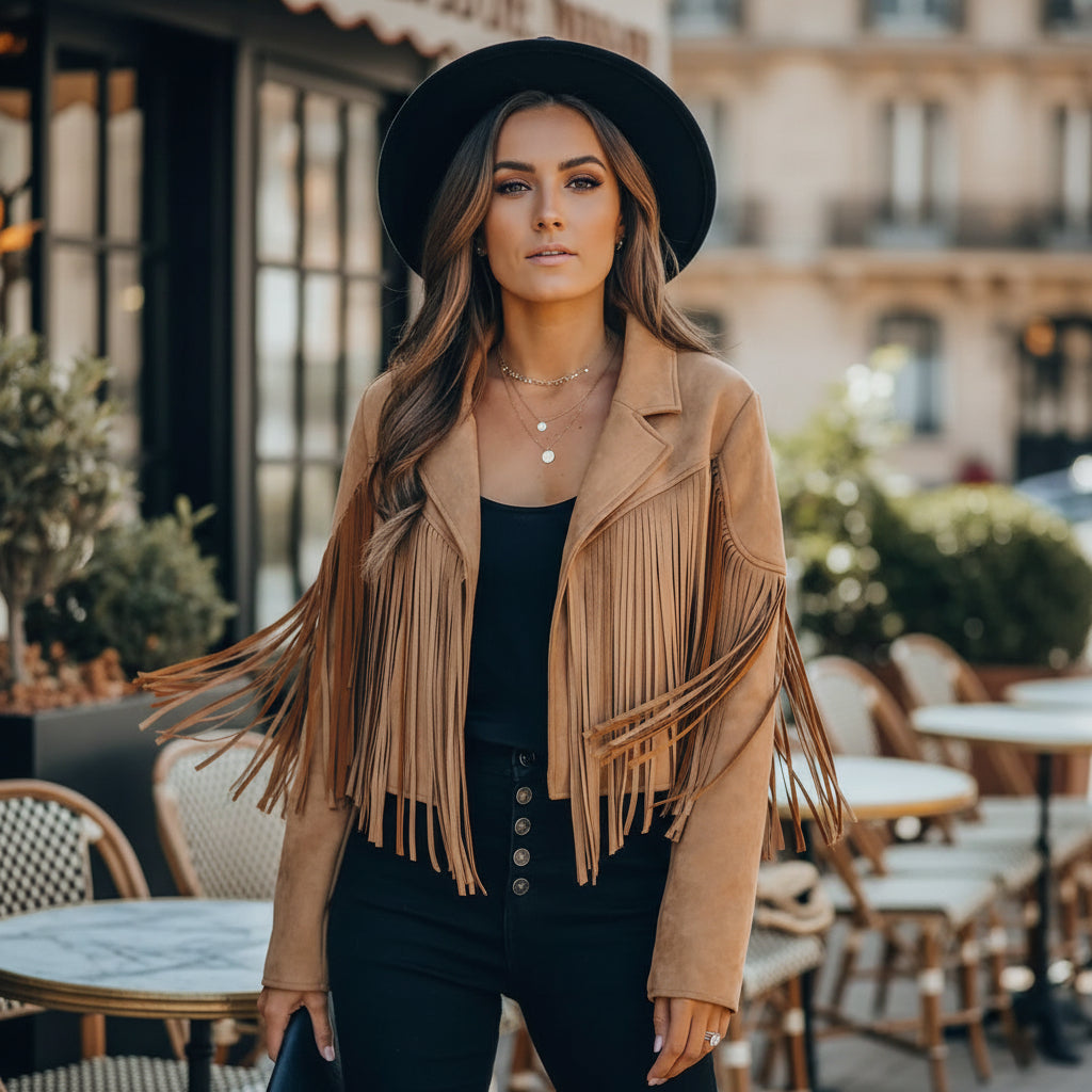 Veste femme bohème avec franges, coupe ajustée. - 1