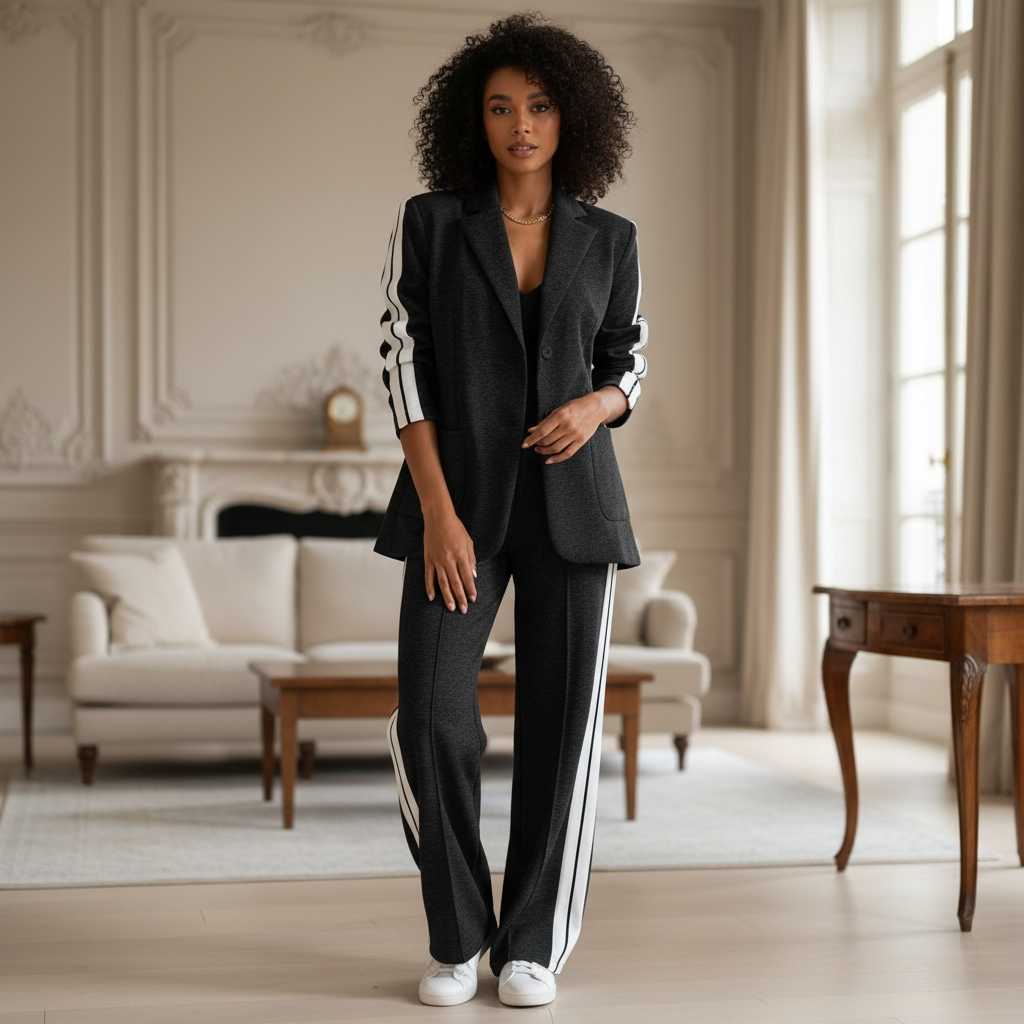 Costume femme composé d'une veste tailleur ajustée et d'un pantalon élastique chic. - 5