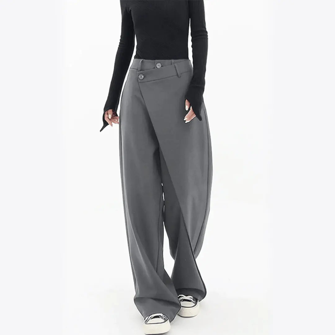 Pantalon femme asymétrique, silhouette ajustée. - 2