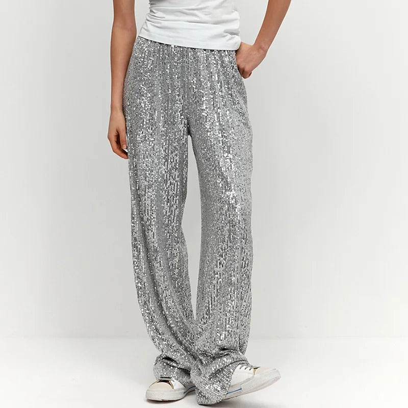 Pantalon large femme à taille élastique avec design à paillettes. - 1