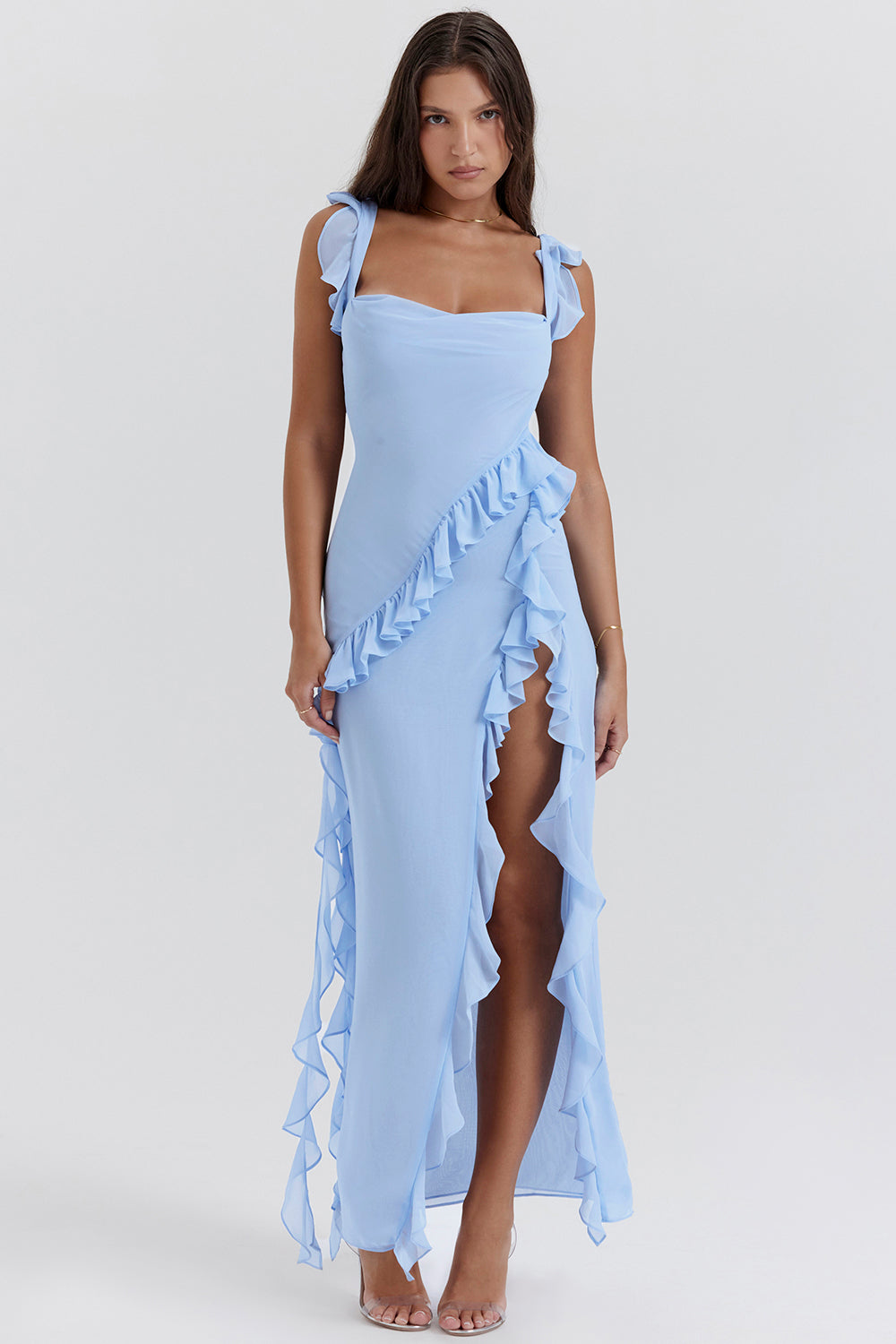 Robe longue femme | Volants asymétriques, fente haute estivale - 9