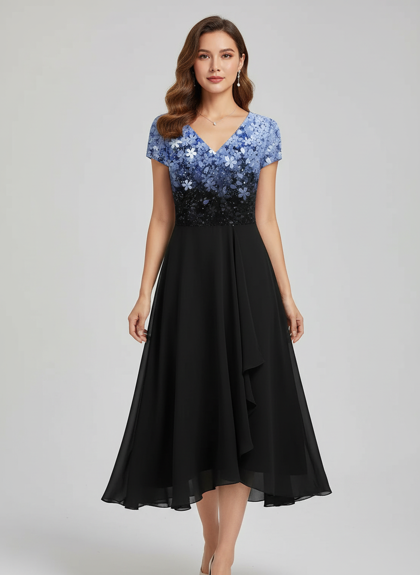 Robe de soirée élégante, silhouette cintrée avec décolleté en V. - 1