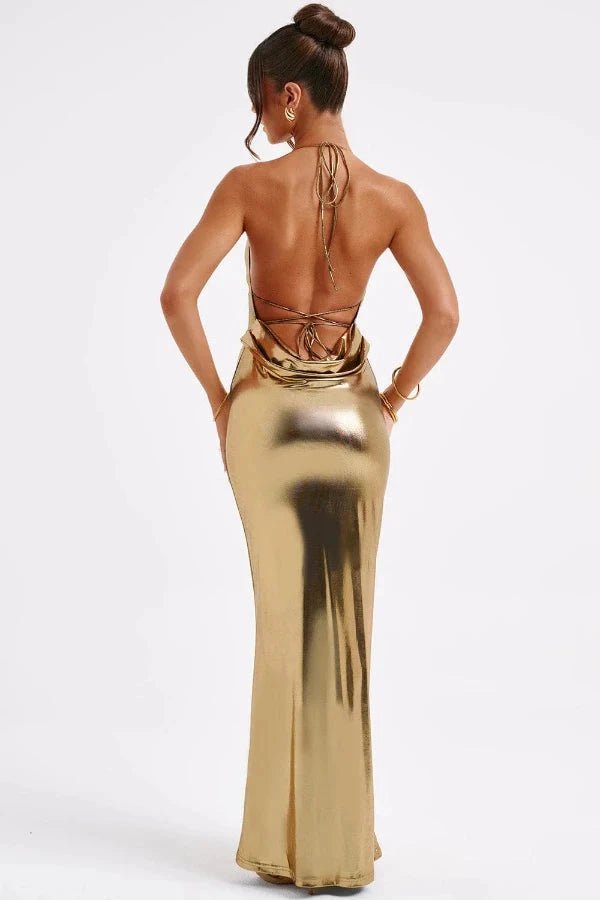Robe de soirée longue à décolleté bénitier et dos nu élégant. - 4