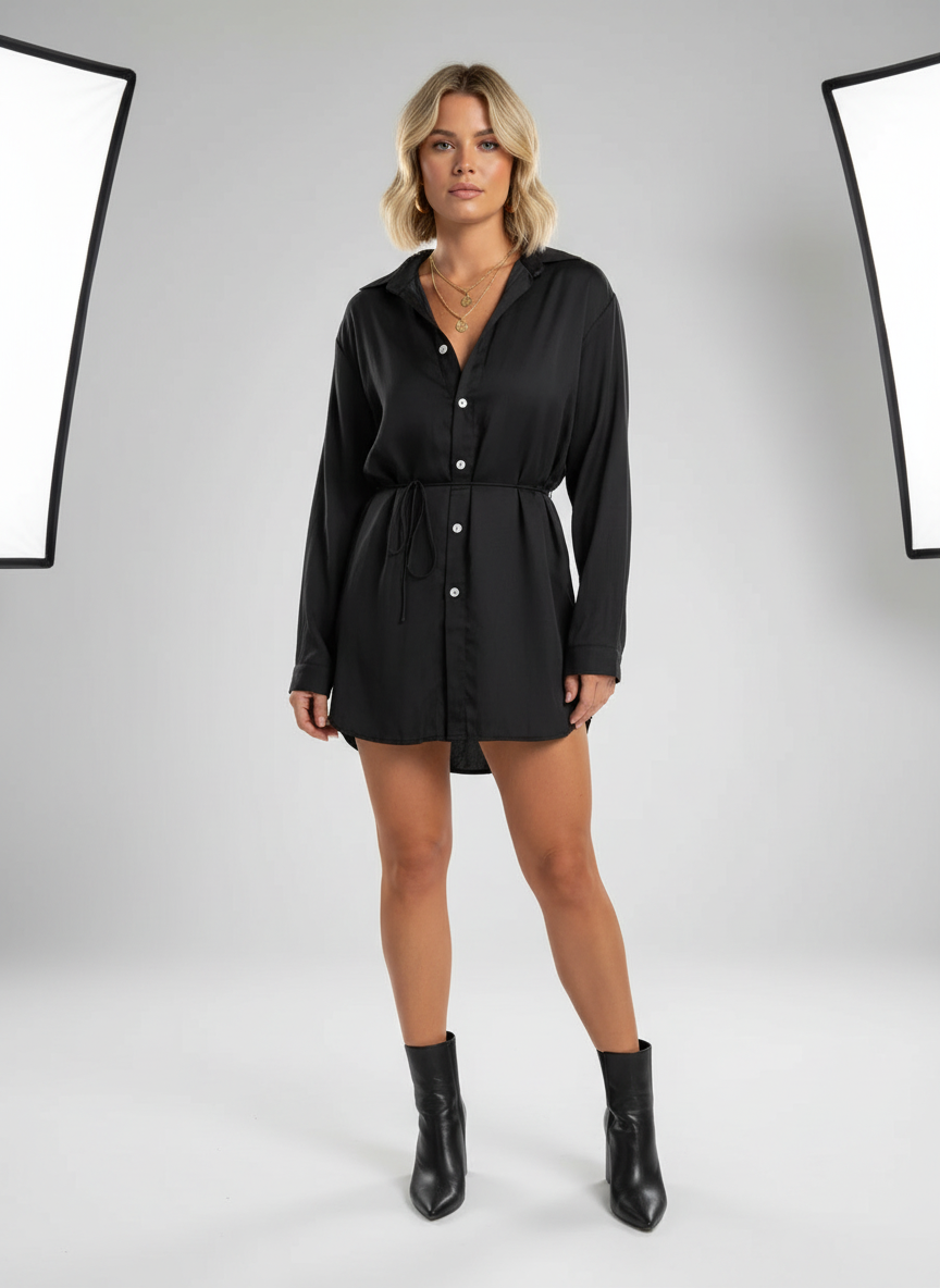 Robe élégante femme, cintrée avec ceinture réglable et manches courtes. - 1