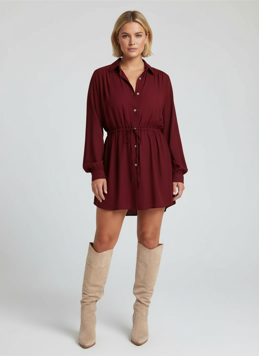 Robe élégante femme, cintrée avec ceinture réglable et manches courtes. - 2