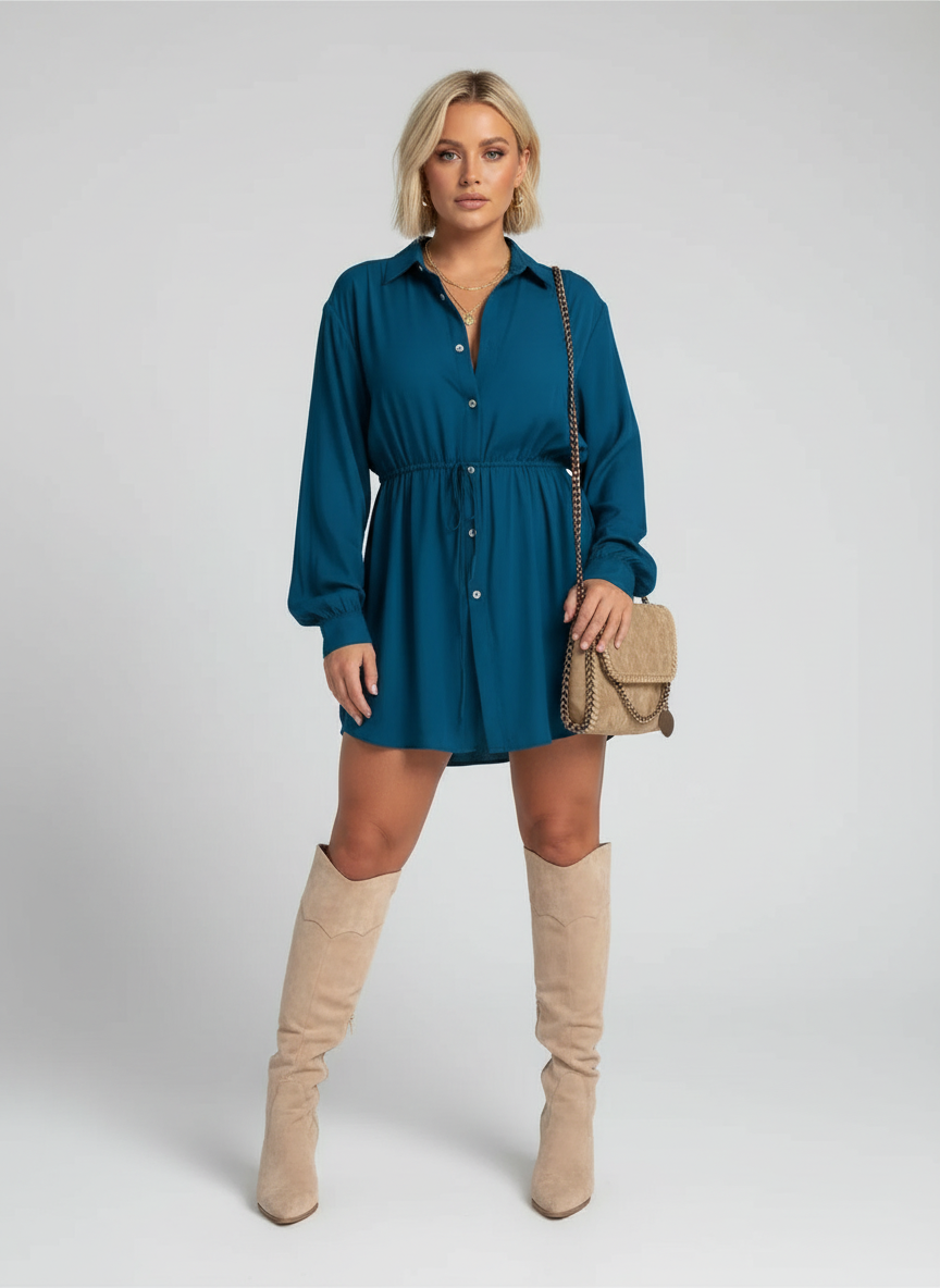Robe élégante femme, cintrée avec ceinture réglable et manches courtes. - 4