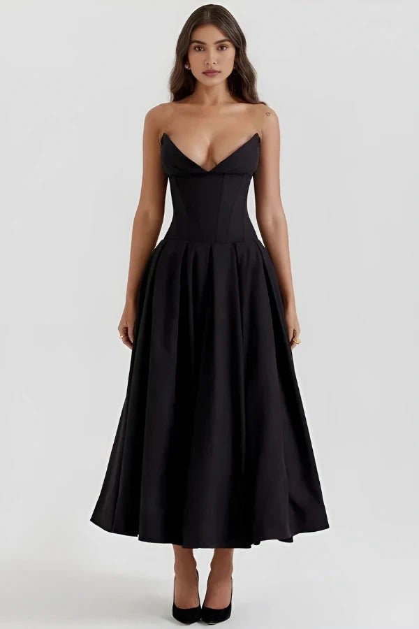 Robe évasée avec corsage sculpté, idéale pour les occasions formelles. 1