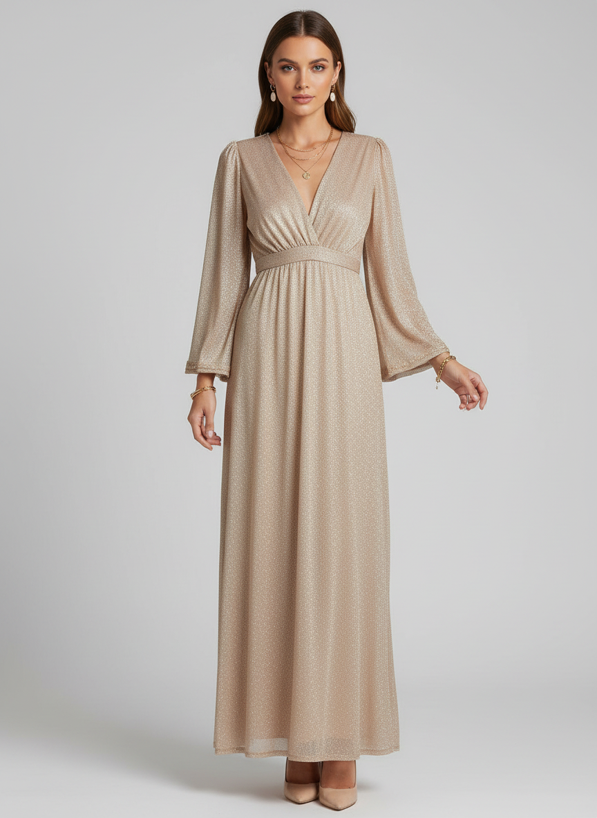 Robe élégante longue femme, col en V, manches cloche. - 1