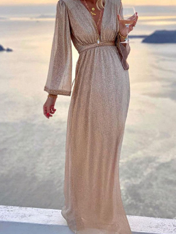 Robe élégante longue femme, col en V, manches cloche. - 2