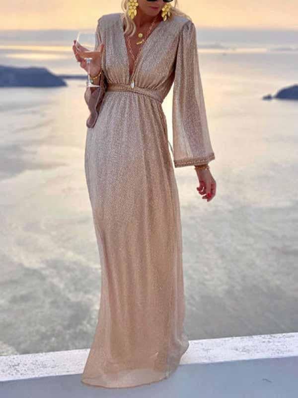 Robe élégante longue femme, col en V, manches cloche. - 7