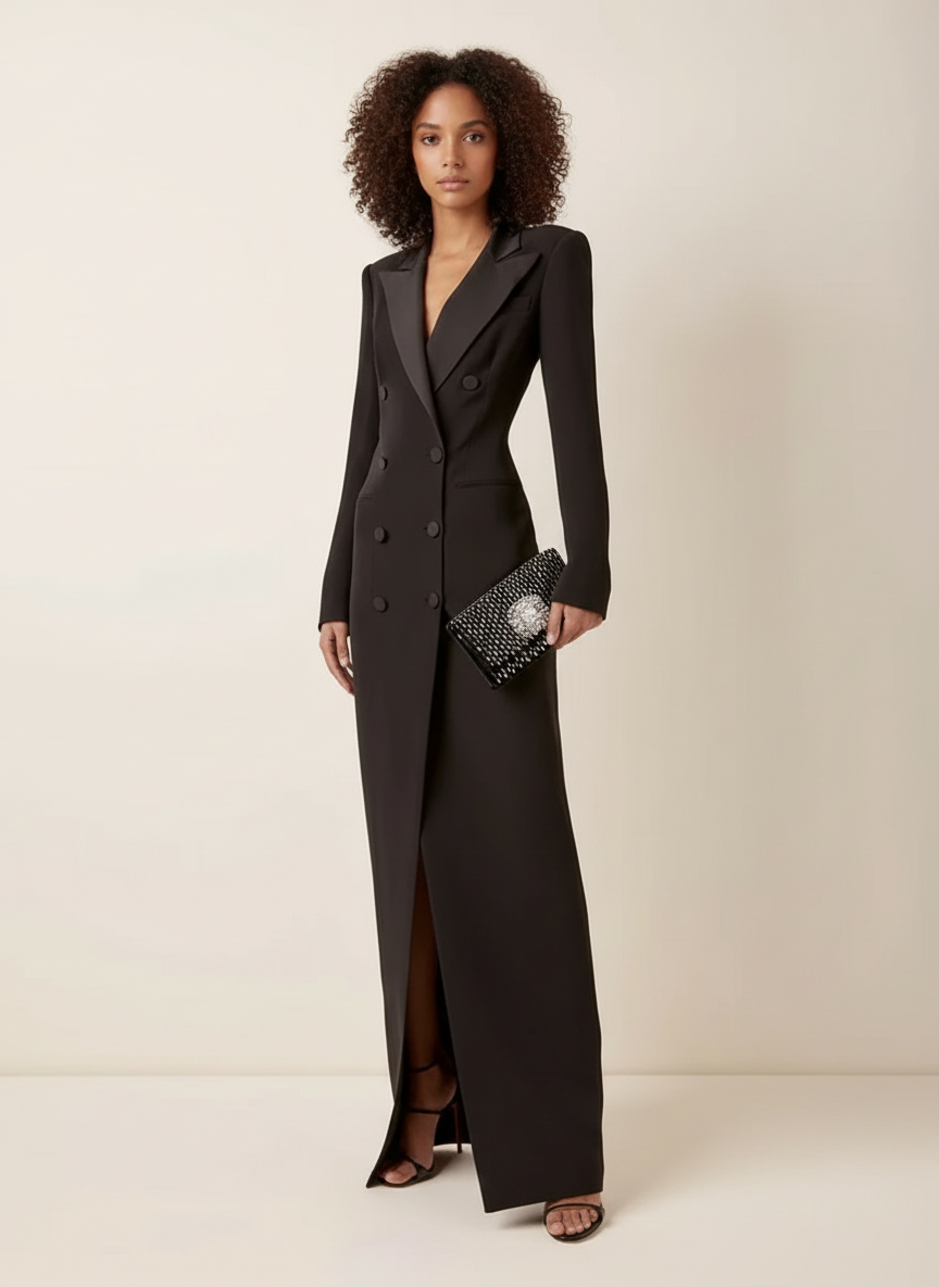 Robe longue élégante avec col smoking et fente. - 1