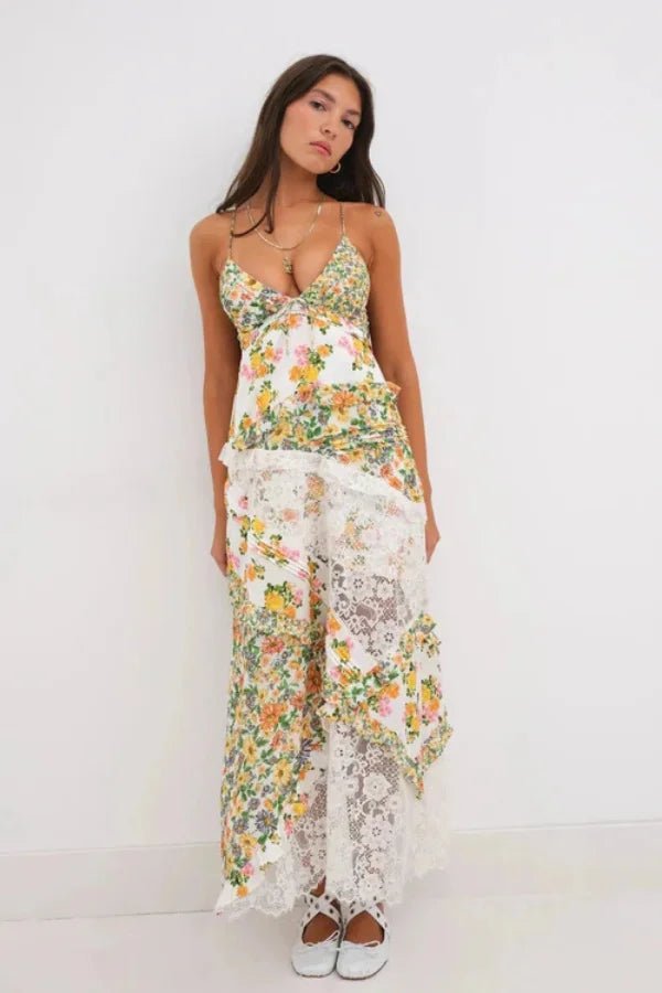 Robe longue femme, silhouette asymétrique, décolleté plongeant, volants élégants. - 1