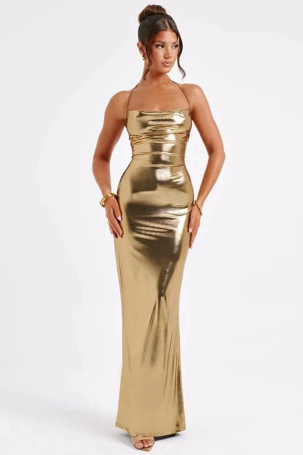 Robe longue dos nu au col bénitier, élégante pour une soirée. 0