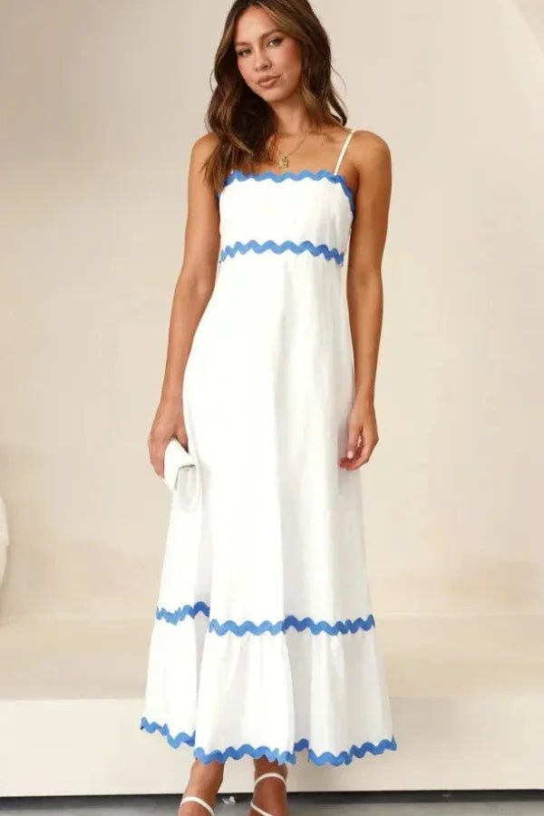 Robe longue cintrée avec ourlet festonné et décolleté en V, élégante et idéale pour l'été. - 1
