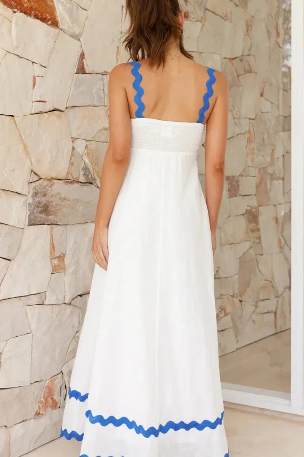 Robe longue cintrée avec ourlet festonné et décolleté en V, élégante et idéale pour l'été. - 2