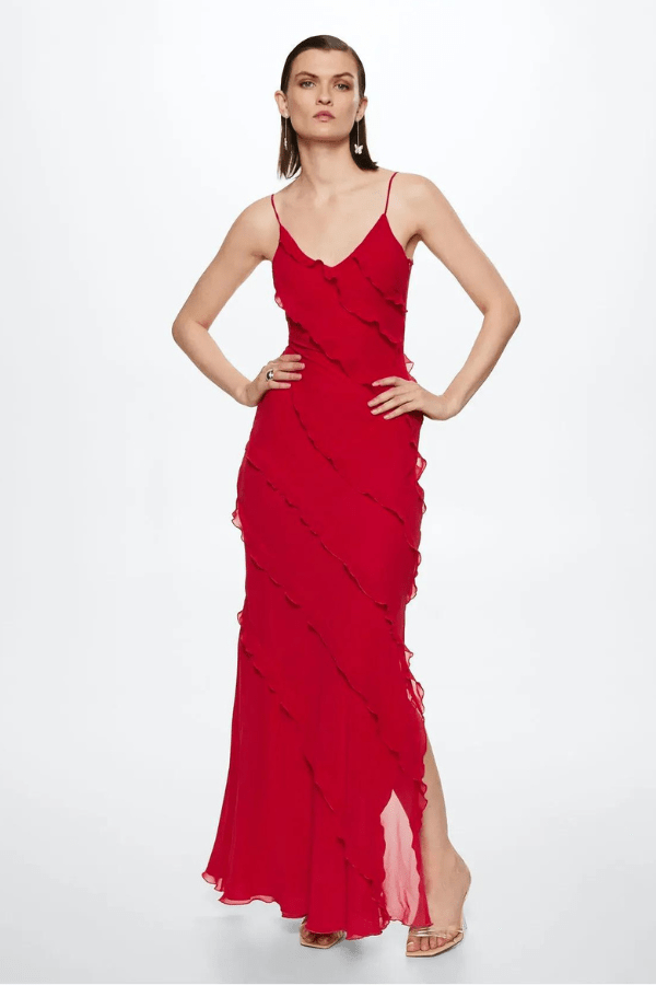 Robe longue zippée à volants avec silhouette cintrée et élégante. 0