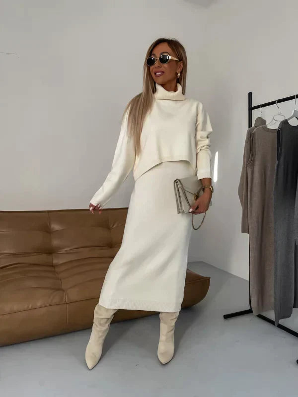Robe midi femme à col roulé, silhouette élégante et chic. - 7