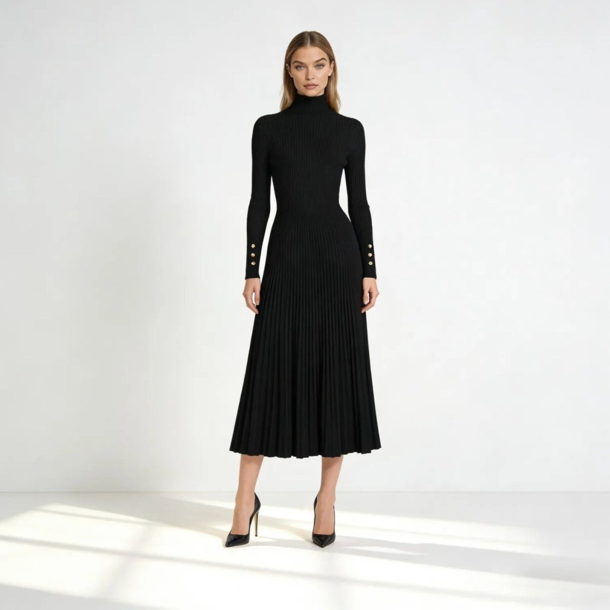 Elegant midi robe with a high collar and pleated skirt, perfect for formal occasions. 0