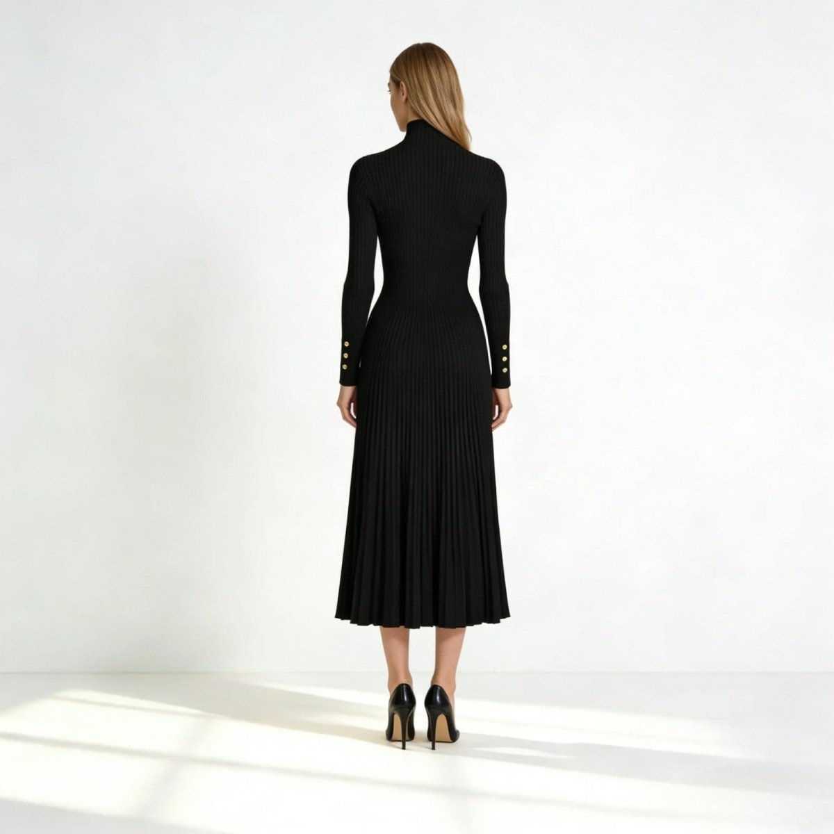 Elegant midi robe with a high collar and pleated skirt, perfect for formal occasions. 2