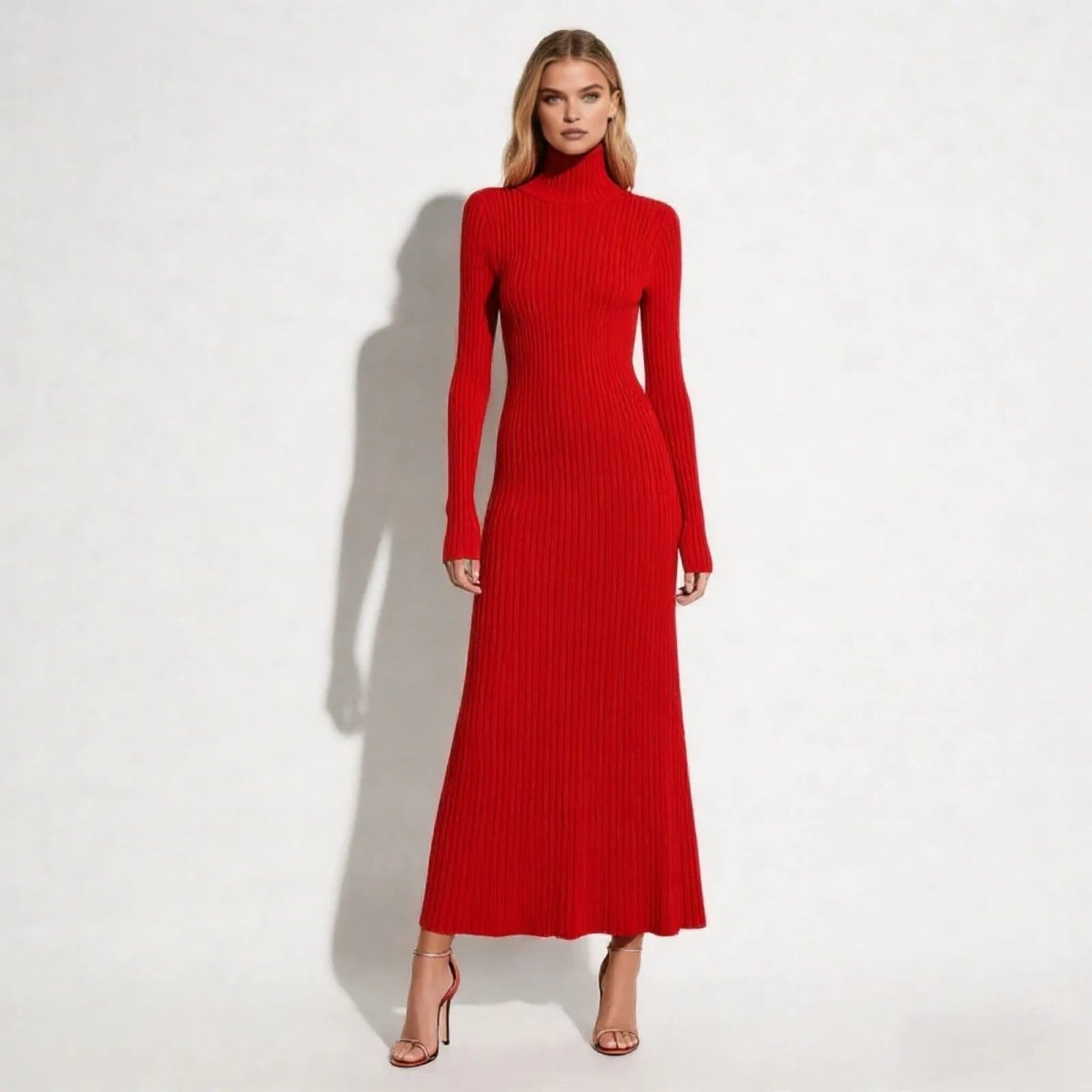 Elegant midi robe with a high collar and pleated skirt, perfect for formal occasions. 5