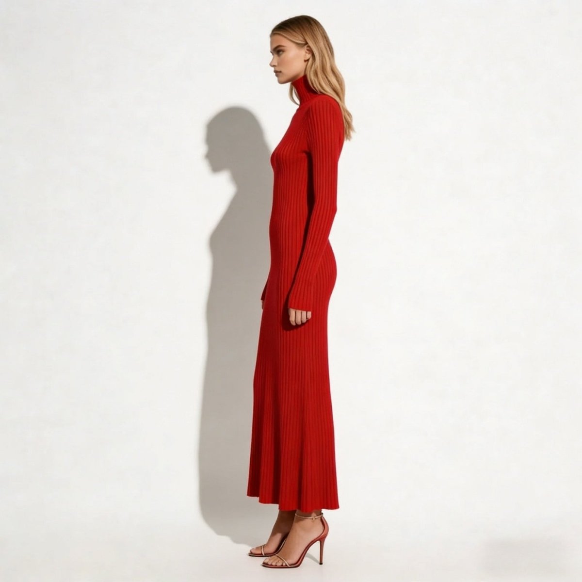 Elegant midi robe with a high collar and pleated skirt, perfect for formal occasions. 6