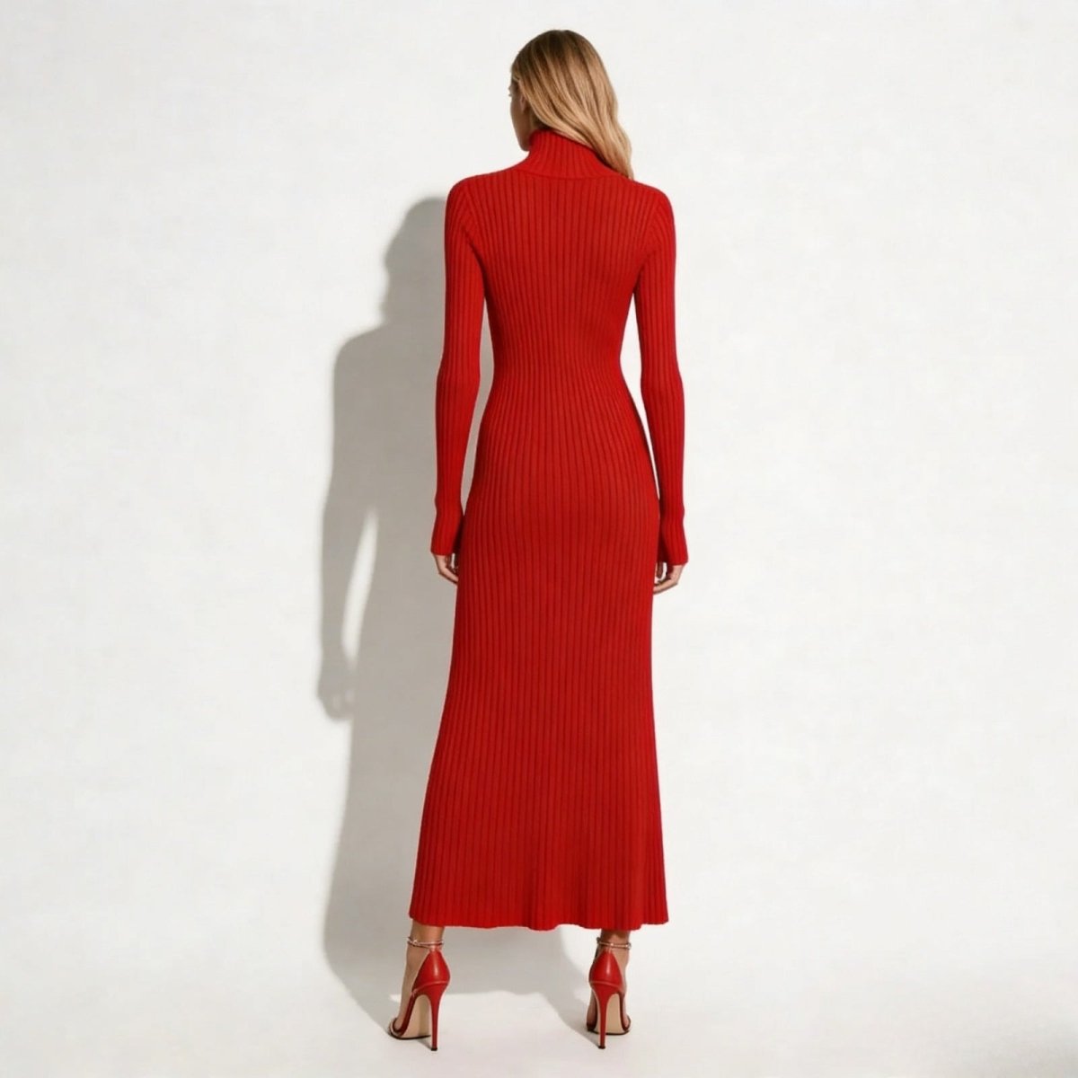 Elegant midi robe with a high collar and pleated skirt, perfect for formal occasions. 7