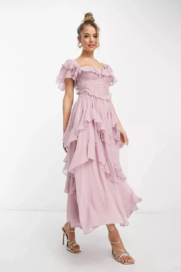 Robe midi évasée avec corsage structuré et manches à volants chic. - 2