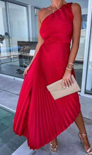 Robe midi plissée à une épaule, style élégant et chic. - 1