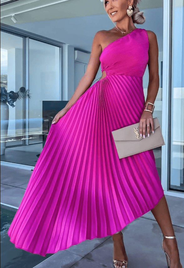 Robe midi plissée à une épaule, style élégant et chic. - 4