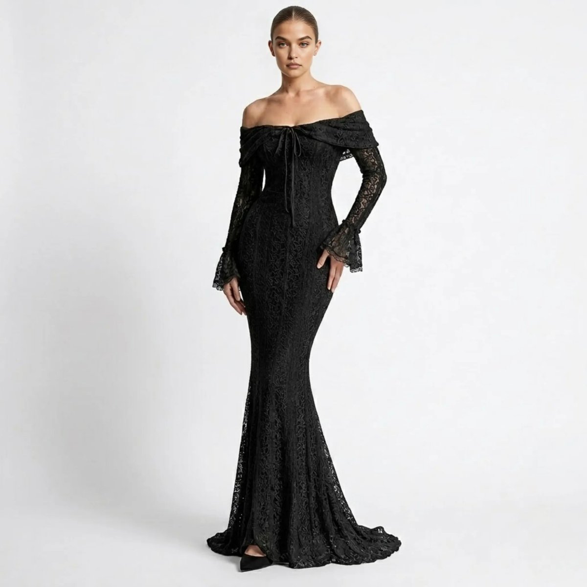Robe sirène élégante avec encolure à épaules dénudées et manches cloche. 5