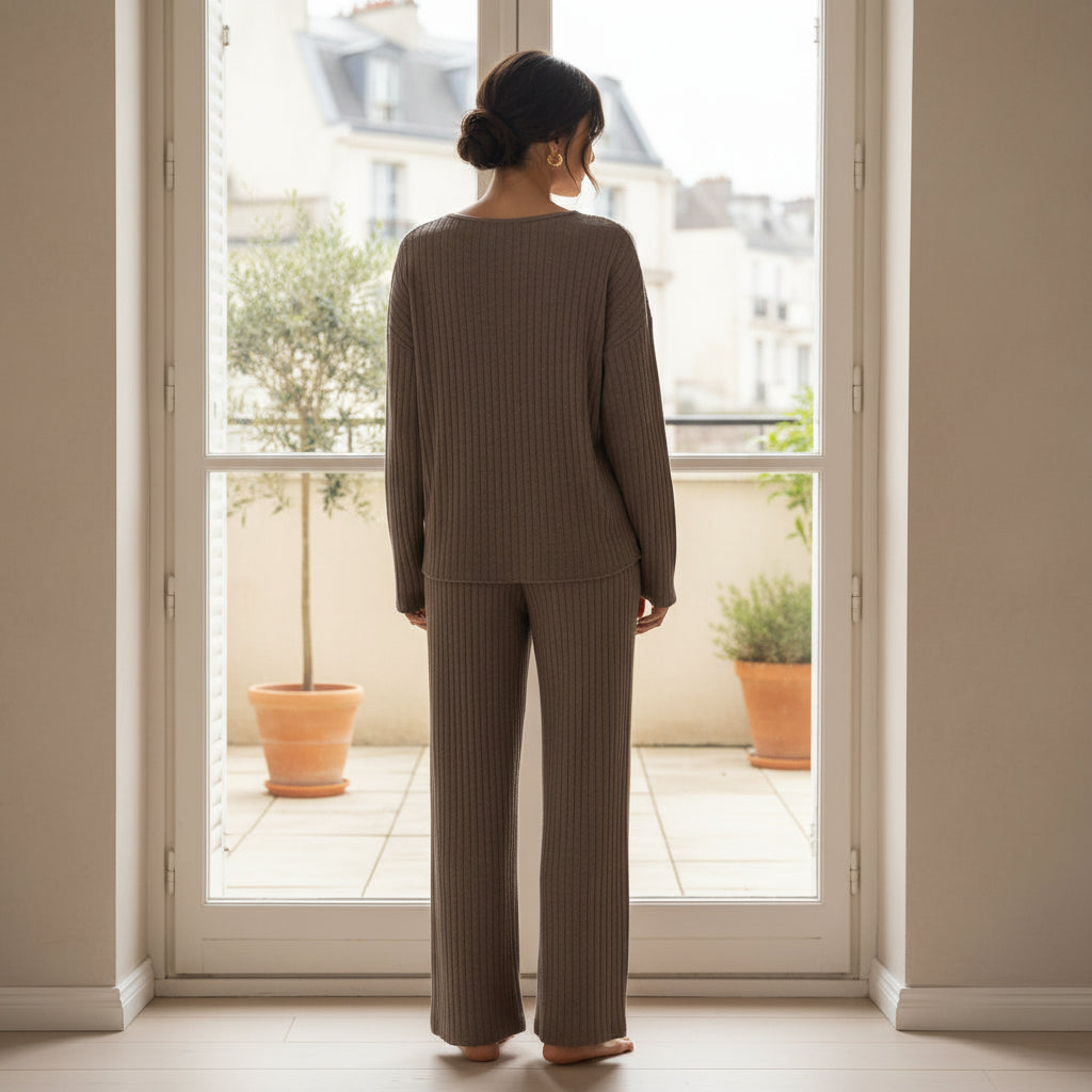 Ensemble décontracté femme avec top à encolure en V et pantalon à jambes larges. - 3