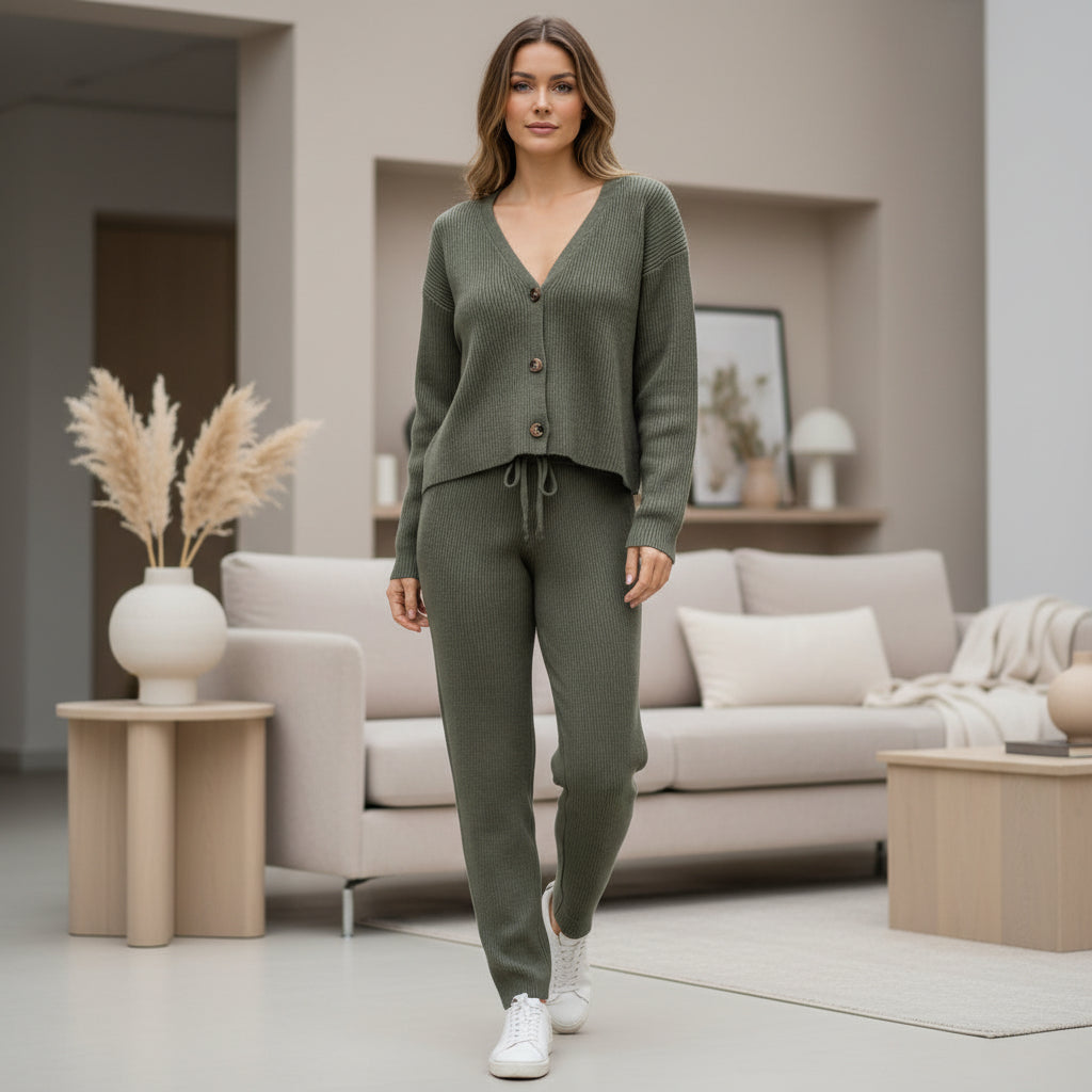 Ensemble détente femme, comprenant une veste élégante à décolleté en V et un pantalon élastique ajustable. - 2