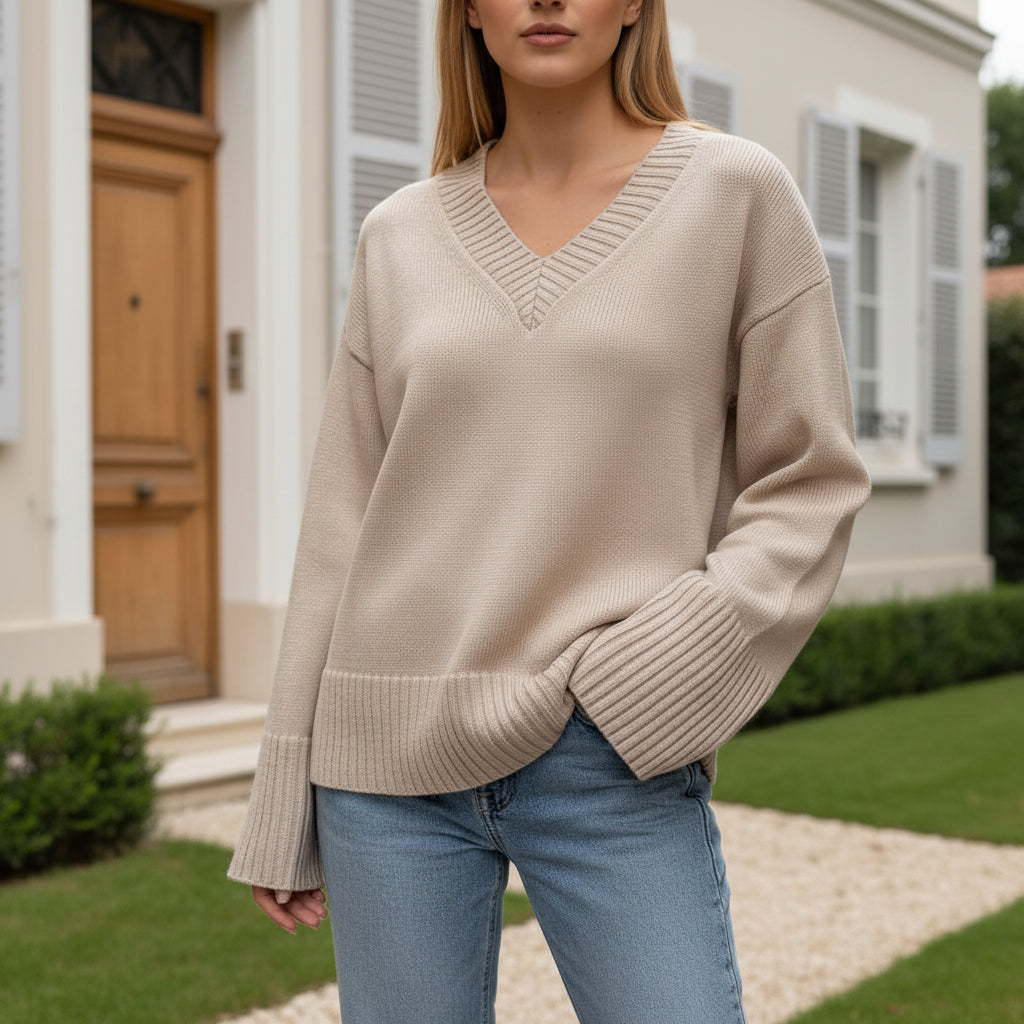 Pull femme décontracté avec col en V, style élégant. - 6