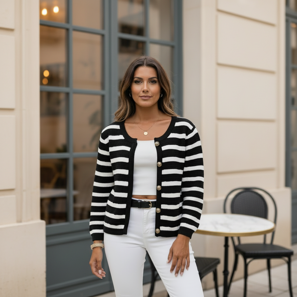 Cardigan femme moderne, col rond, coupe décontractée avec rayures horizontales. - 3