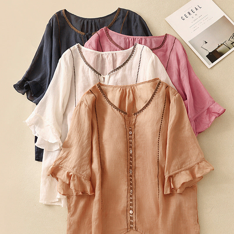 Blouse élégante à manches volantées, parfaite pour des occasions formelles. 1