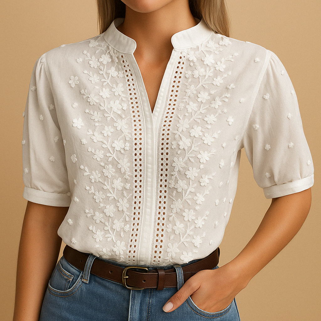 Blouse élégante à col en V avec broderie florale. - 2